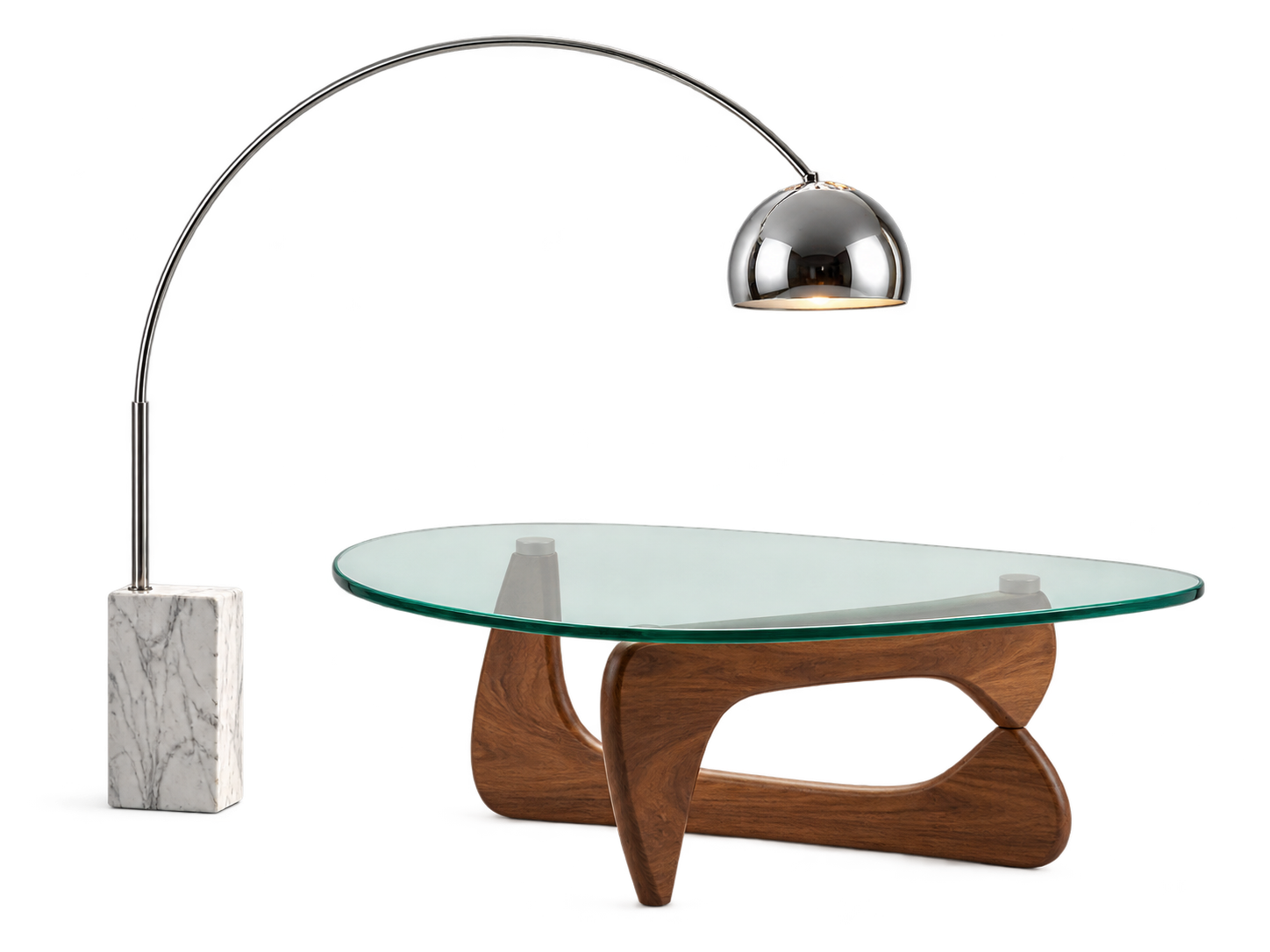 Walnut and glass Noguchi coffee table with Arco floor lamp